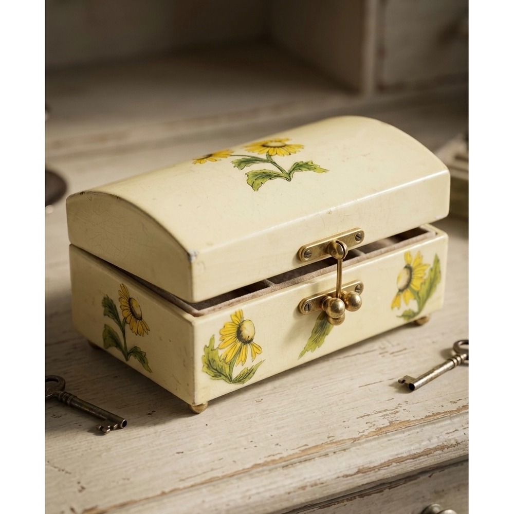 Vintage Sunflower Hand Painted Jewelry‎ Trinket Box Cream Yellow Small